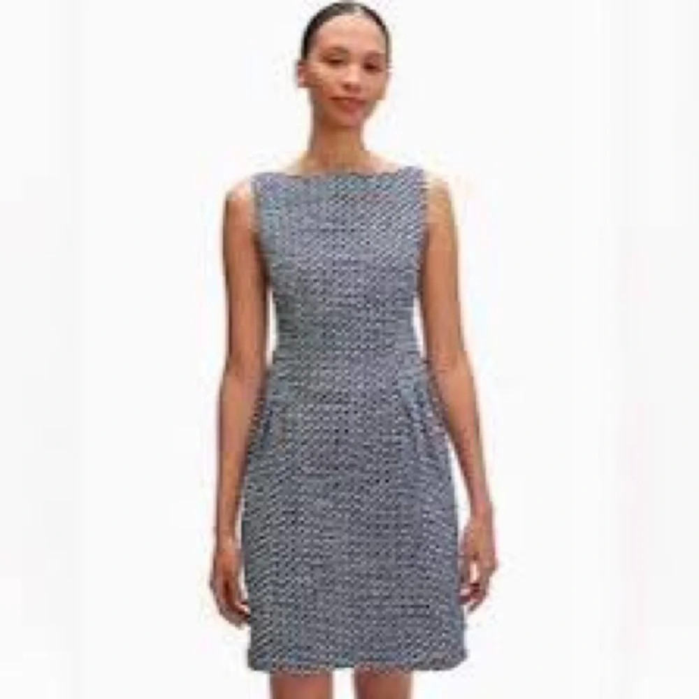 Kate Spade Nautical Tweed Dress Size 12 Navy Blue White Pockets Fit Flare Preppy